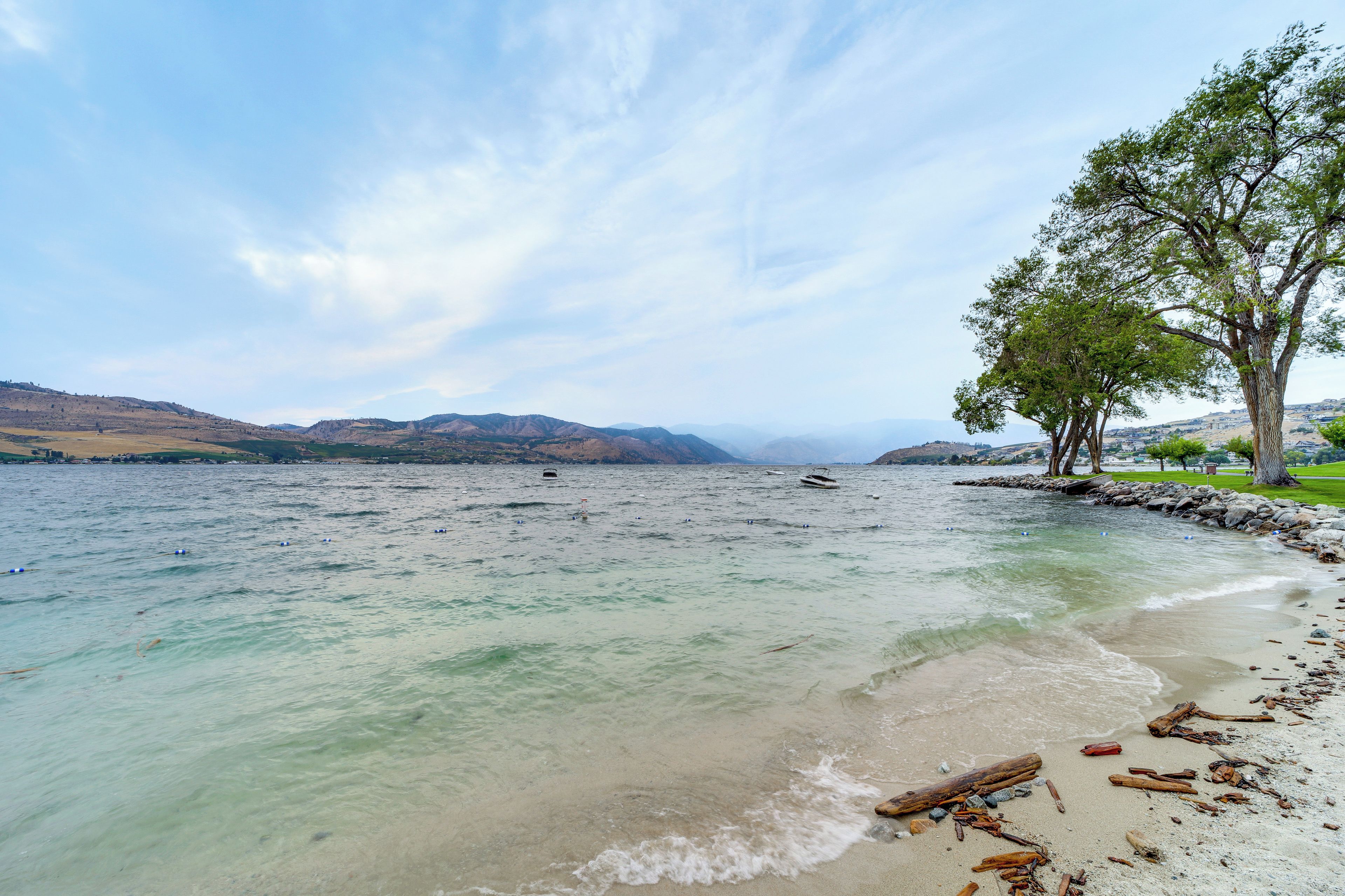 Um lago com águas cristalinas, uma praia de areia e uma árvore à direita.