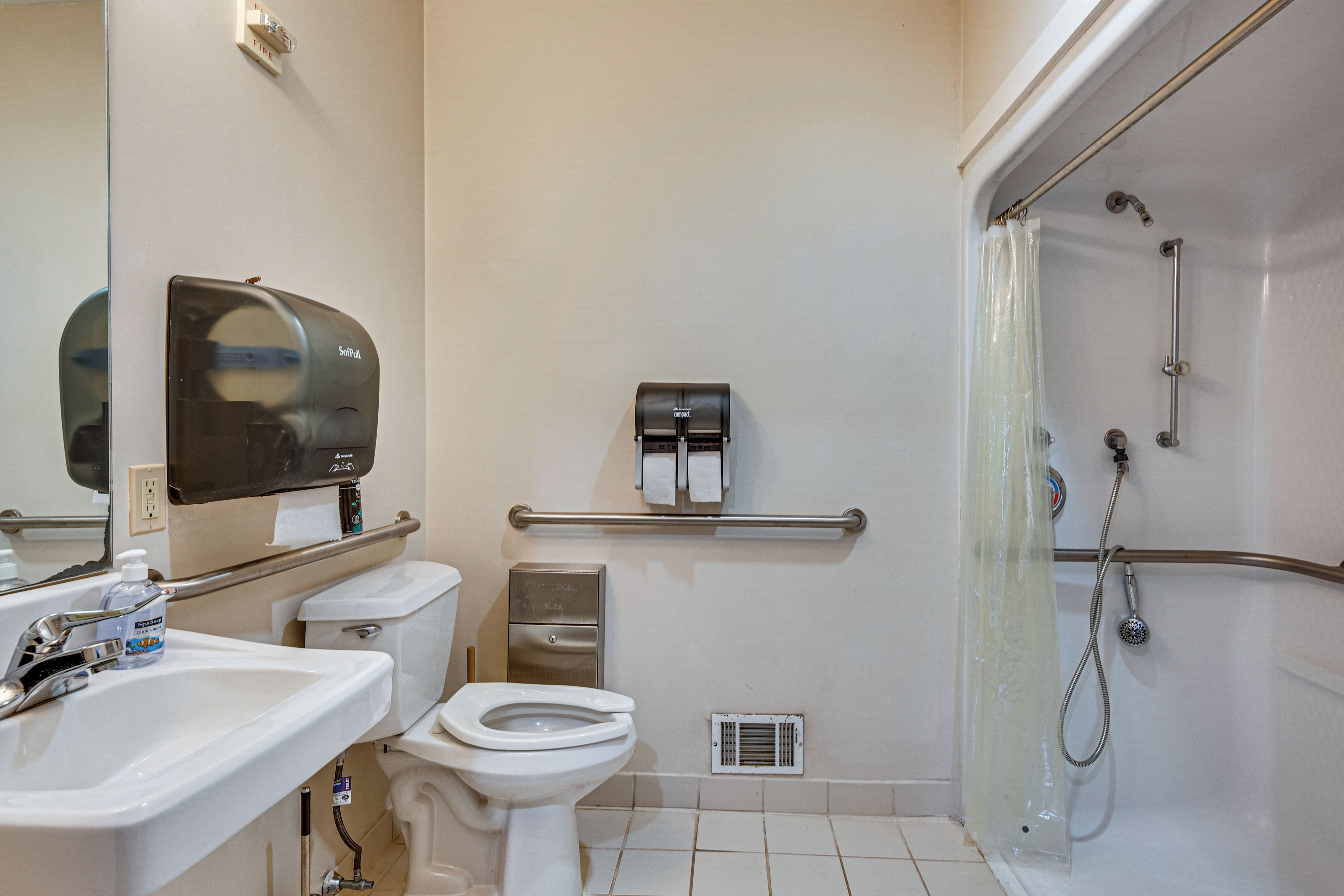 Un bagno con il WC, un lavandino e una doccia.