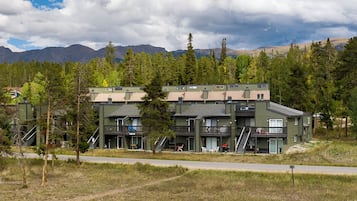A multi-story building with a green facade, multiple balconies, and a view of mountains in the background.