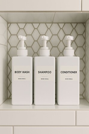 Three white bottles of body wash, shampoo, and conditioner on a shelf against a hexagonal patterned wall. - 2 Bedrooms • 2 Full Bathrooms • King + Queen Beds • Prime Frisco Location (Frisco)