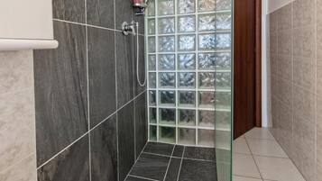Ducha con puerta de vidrio, cabezal de ducha y secamanos.