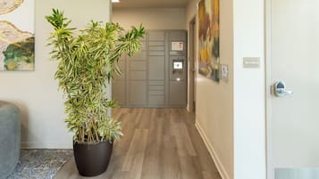 A hallway with a potted plant, a door with a 'Mechanical' sign, and a 'Parcel Pending' sign on a grey cabinet.