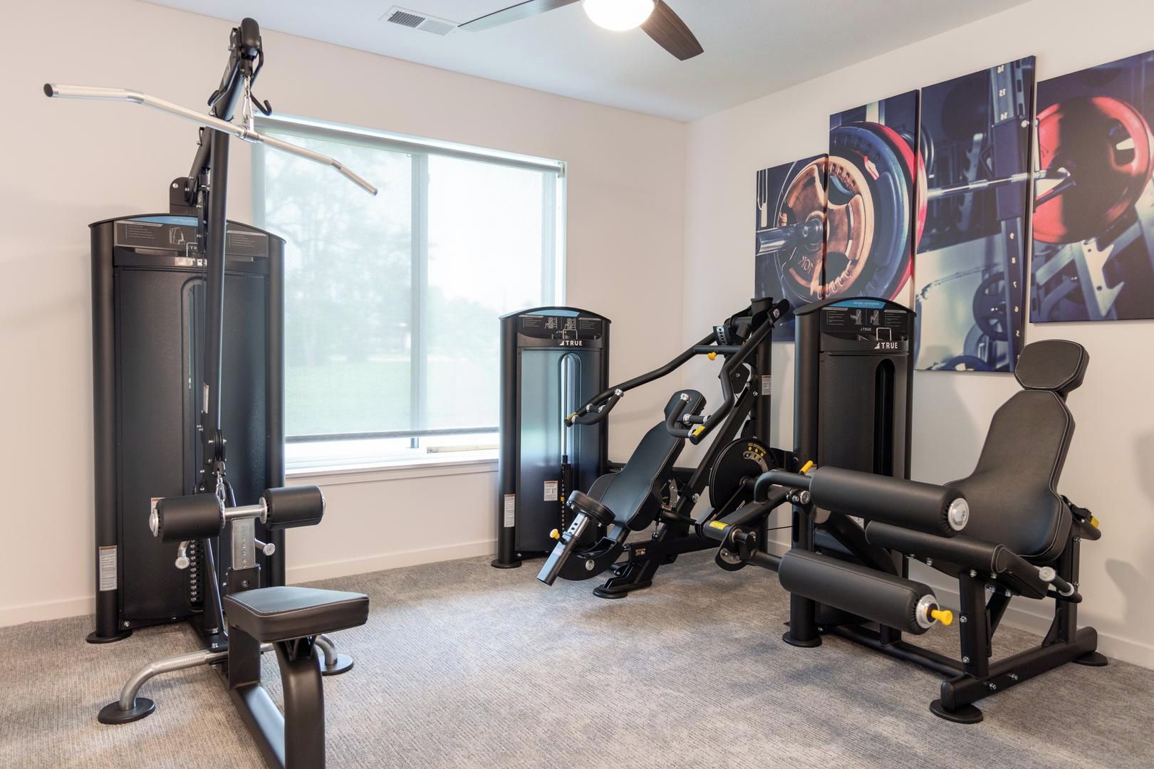 A home gym with a bench press, a squat rack, and a cable machine.