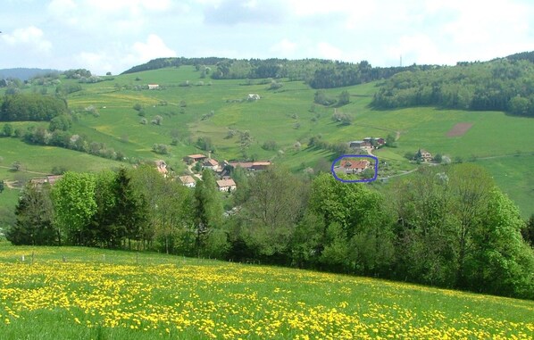 A rural landscape with rolling hills, scattered houses, and a field of yellow flowers.