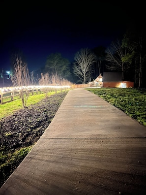 A nighttime pathway leading to a building with a wooden fence and trees on either side.