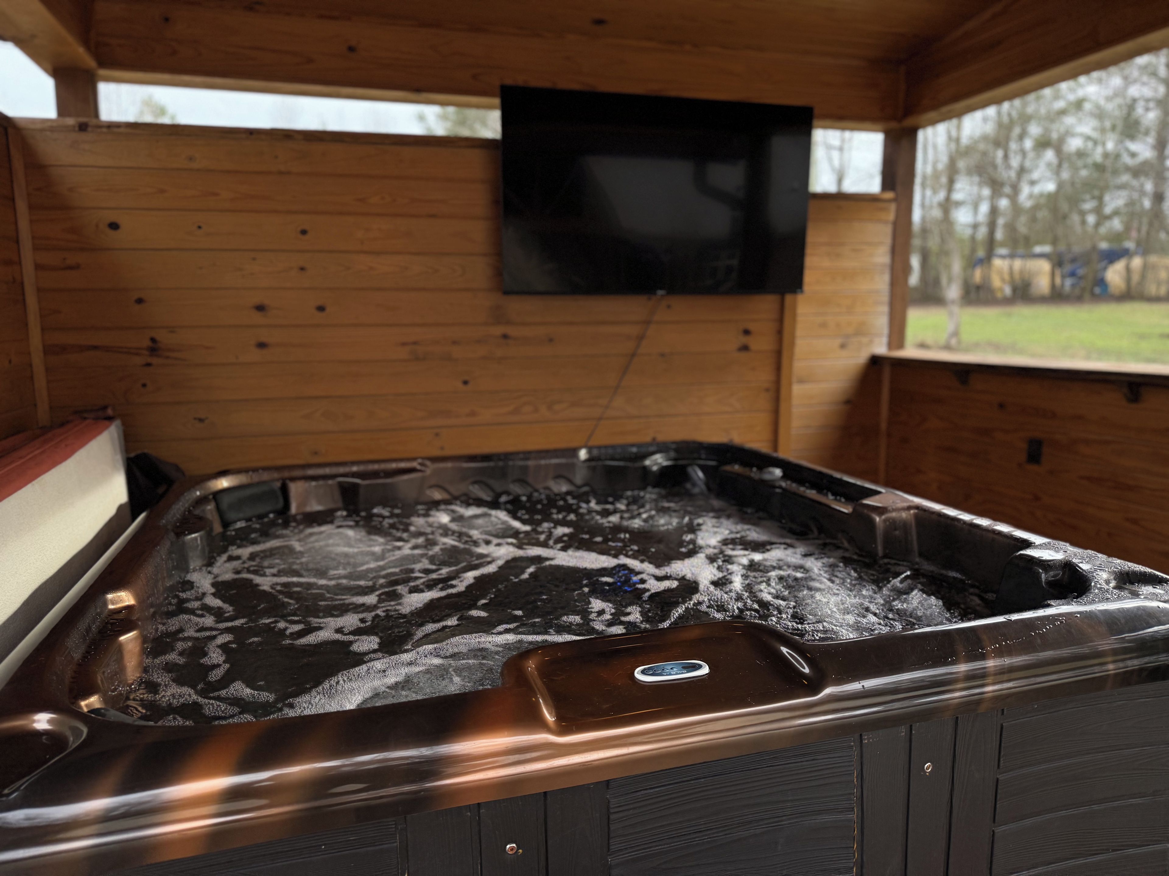 A hot tub with a control panel, a television mounted on the wall, and a window with a view of the outdoors.