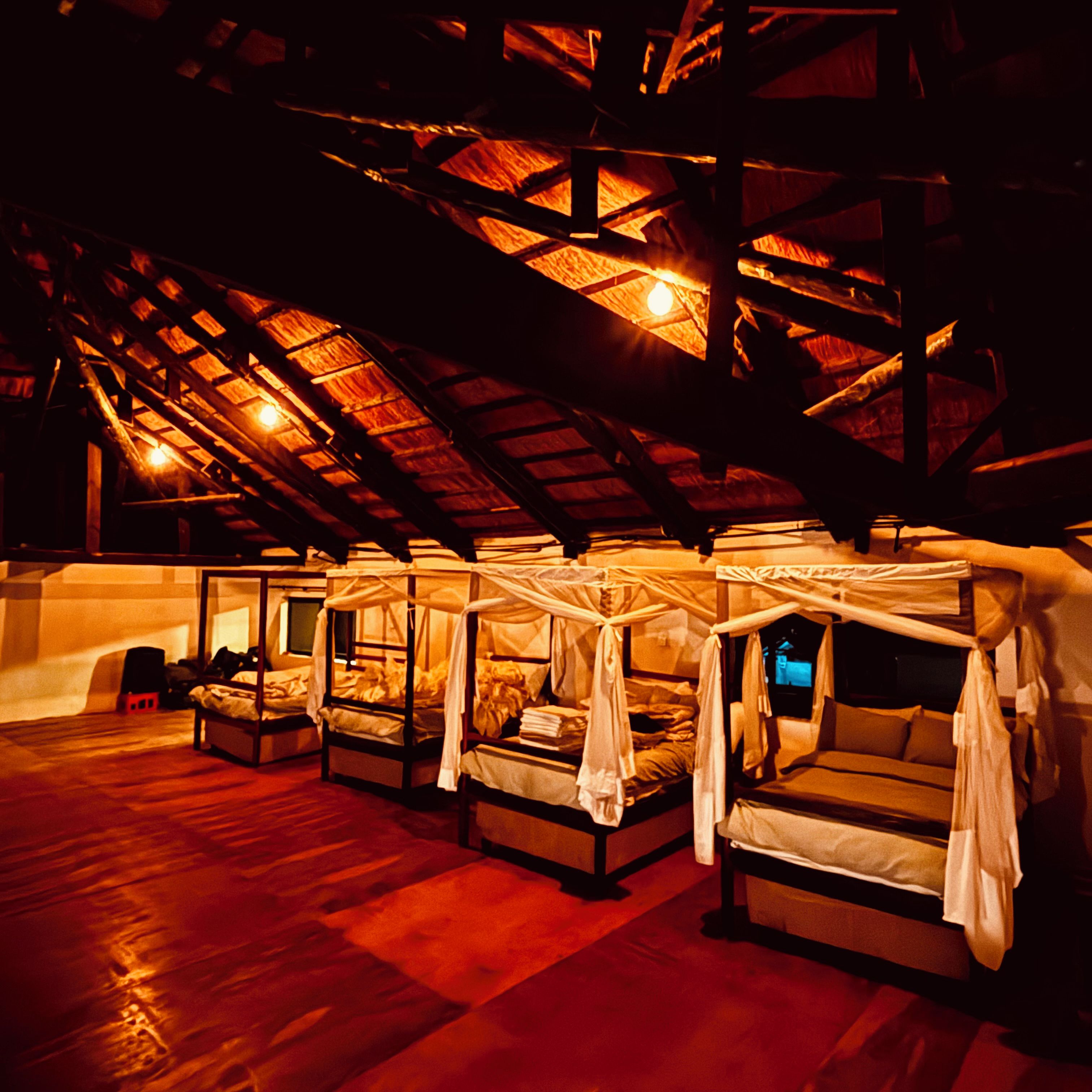 A series of four elevated beds with canopies, wooden beams, and a sloped ceiling.