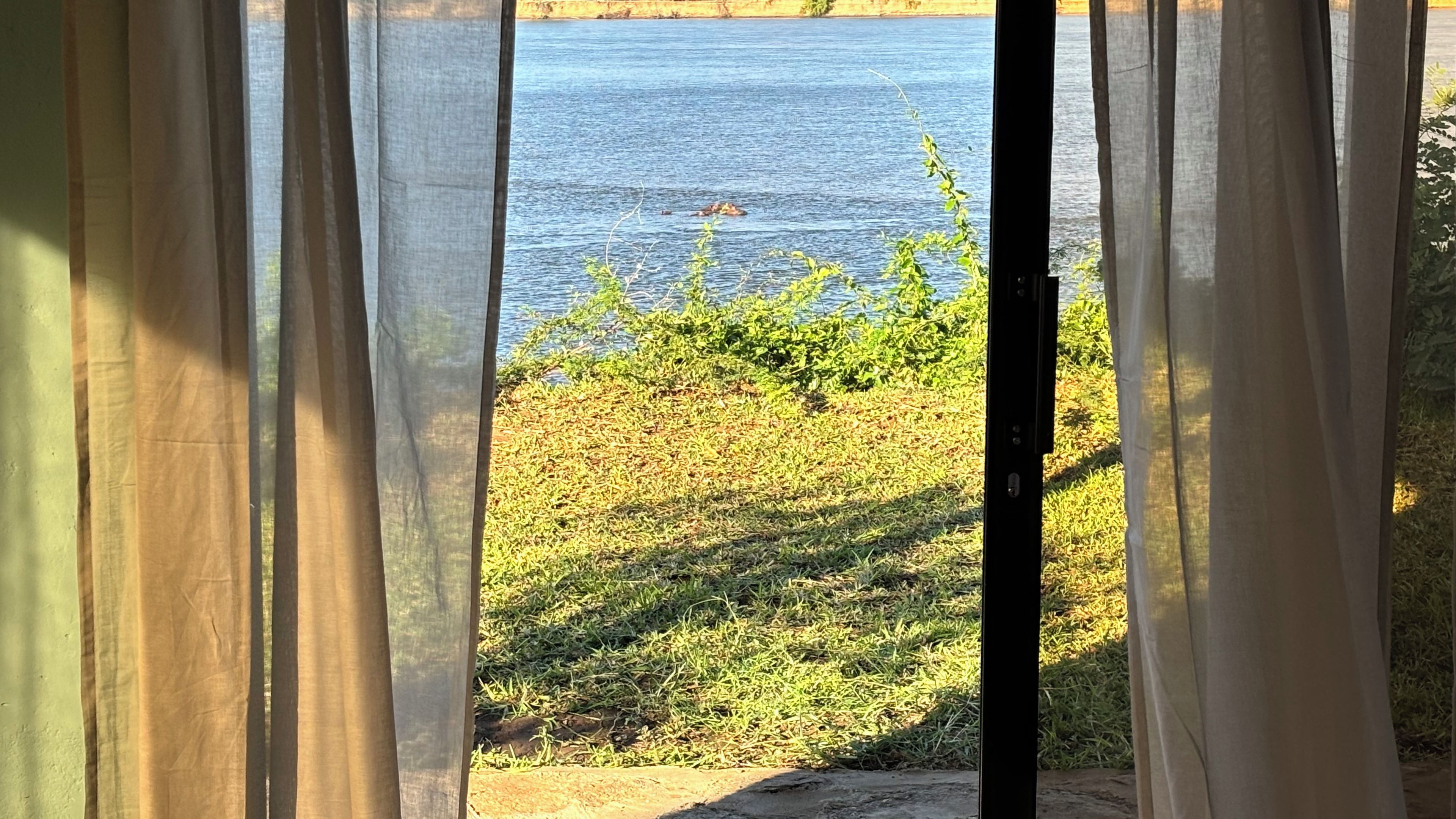 Vista a través de cortinas de un espacio cubierto de hierba con una masa de agua y una costa distante.