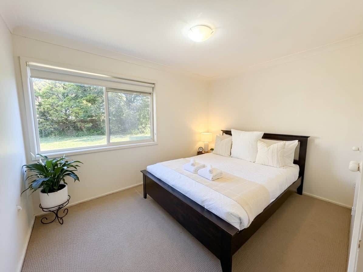 A bedroom with a bed, bedside lamps, a window, and a potted plant.