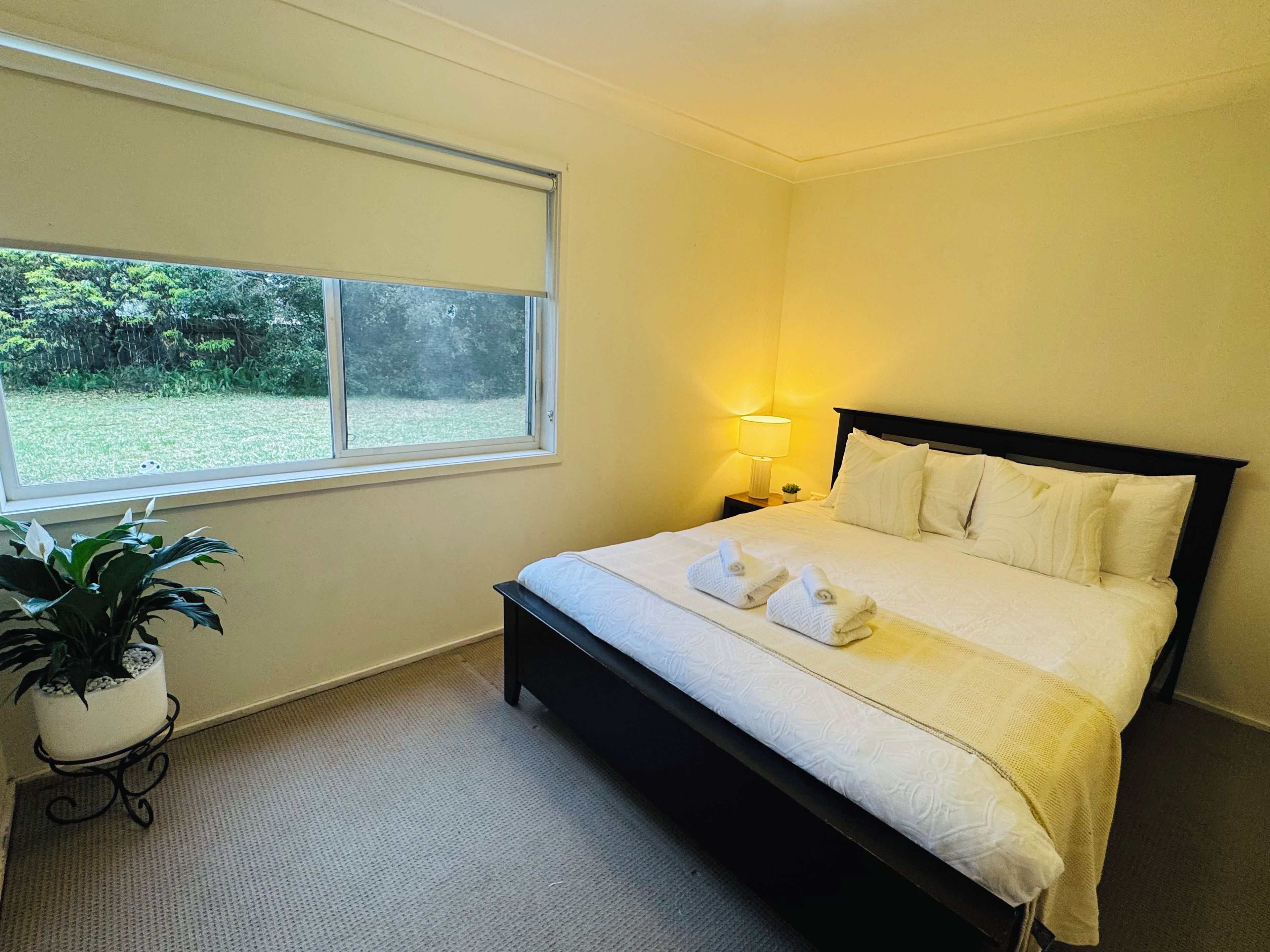 Une chambre d’hôtel avec un lit, une lampe de chevet, une fenêtre donnant sur un espace verdoyant et une plante en pot.