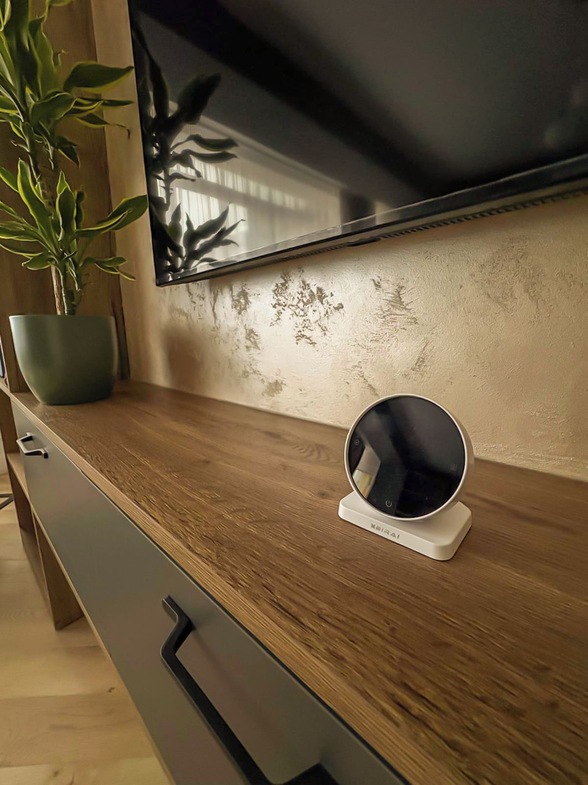 A wooden console table with a television mounted above it, a potted plant, and a round mirror on a stand.
