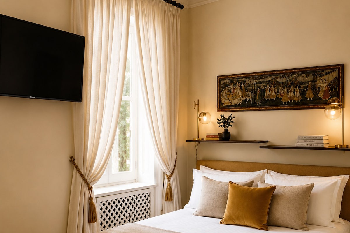 A hotel room with a bed, curtains, a painting, a shelf with books, and a television mounted on the wall.