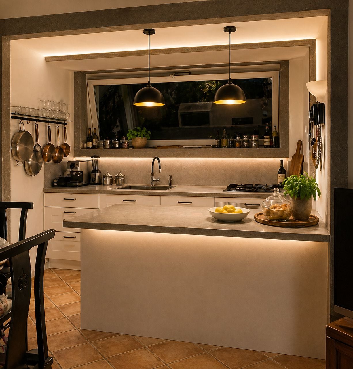 A modern kitchen with a central island, pendant lighting, and a window above the sink.