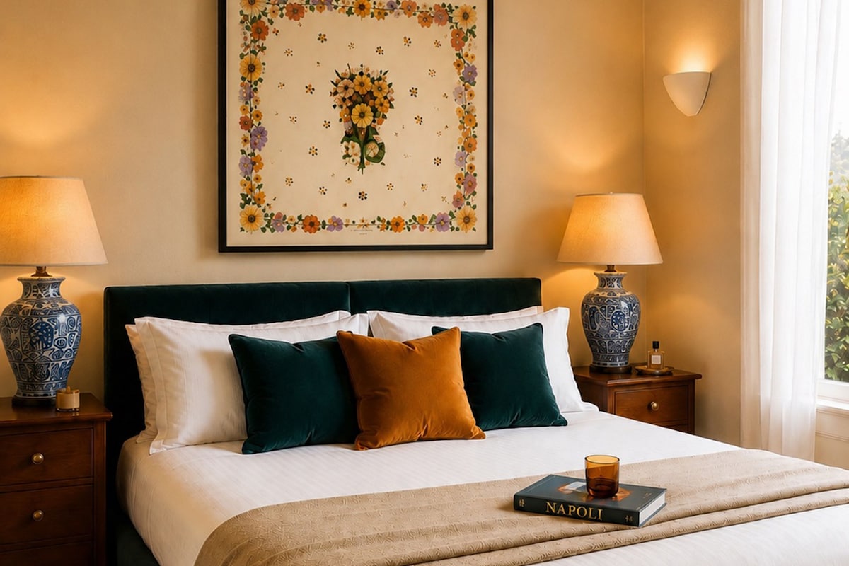 A neatly made bed with a green headboard, two bedside lamps, a framed floral artwork, and a book on the bed.