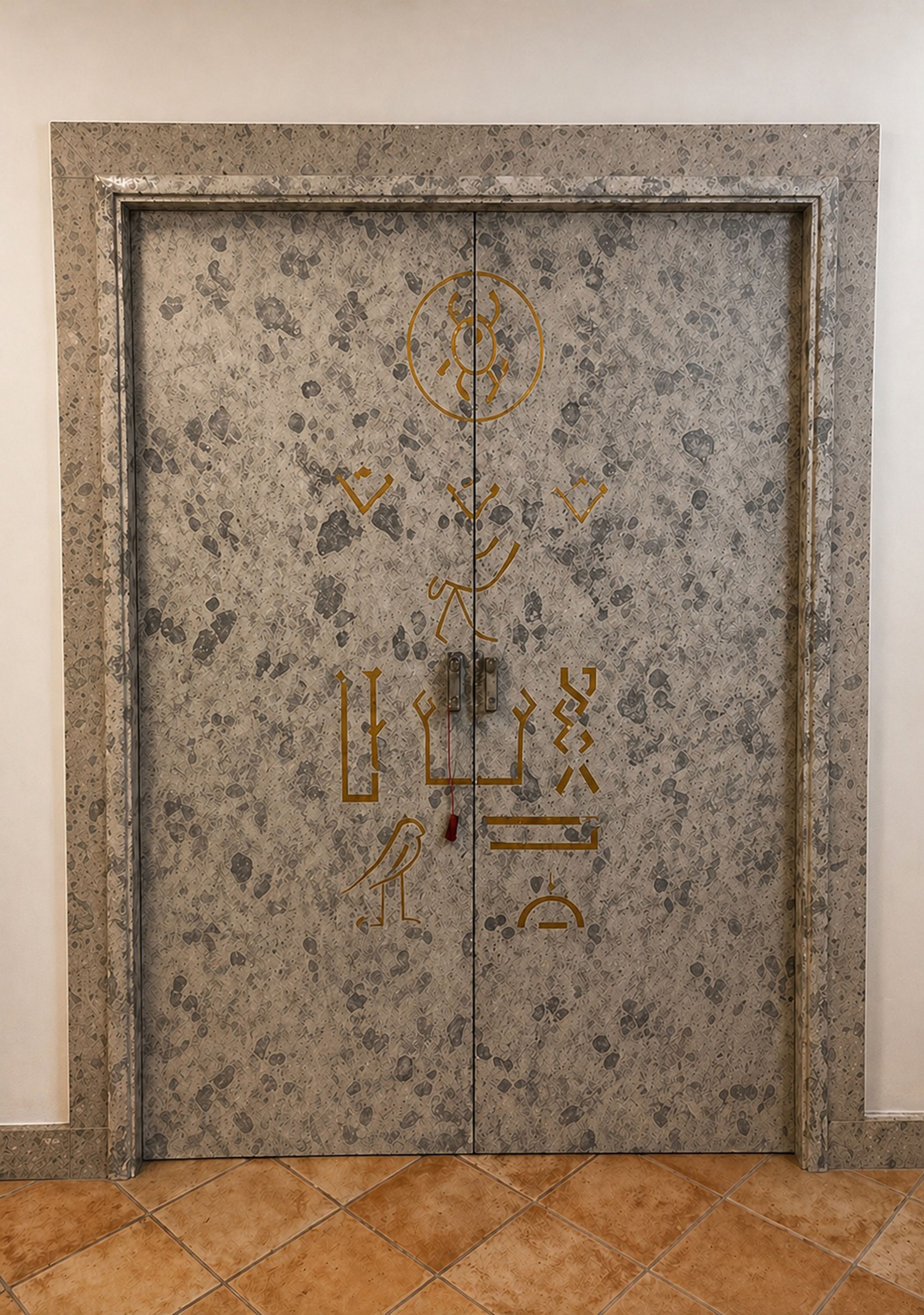 Una puerta cerrada con superficie texturizada y símbolos decorativos.