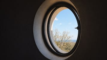 A circular window with a view of trees and a clear sky.