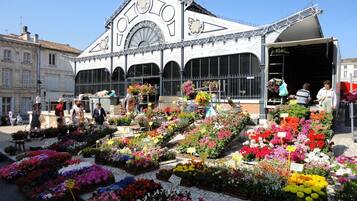 A flower market with a building in the background.