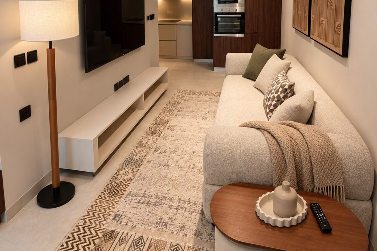 A modern living room with a sofa, a coffee table, a TV, and a kitchen area in the background.