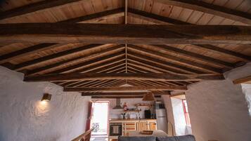 Un interior rústico con un alto techo de madera, una zona de cocina con electrodomésticos básicos y un área de estar con sofá.