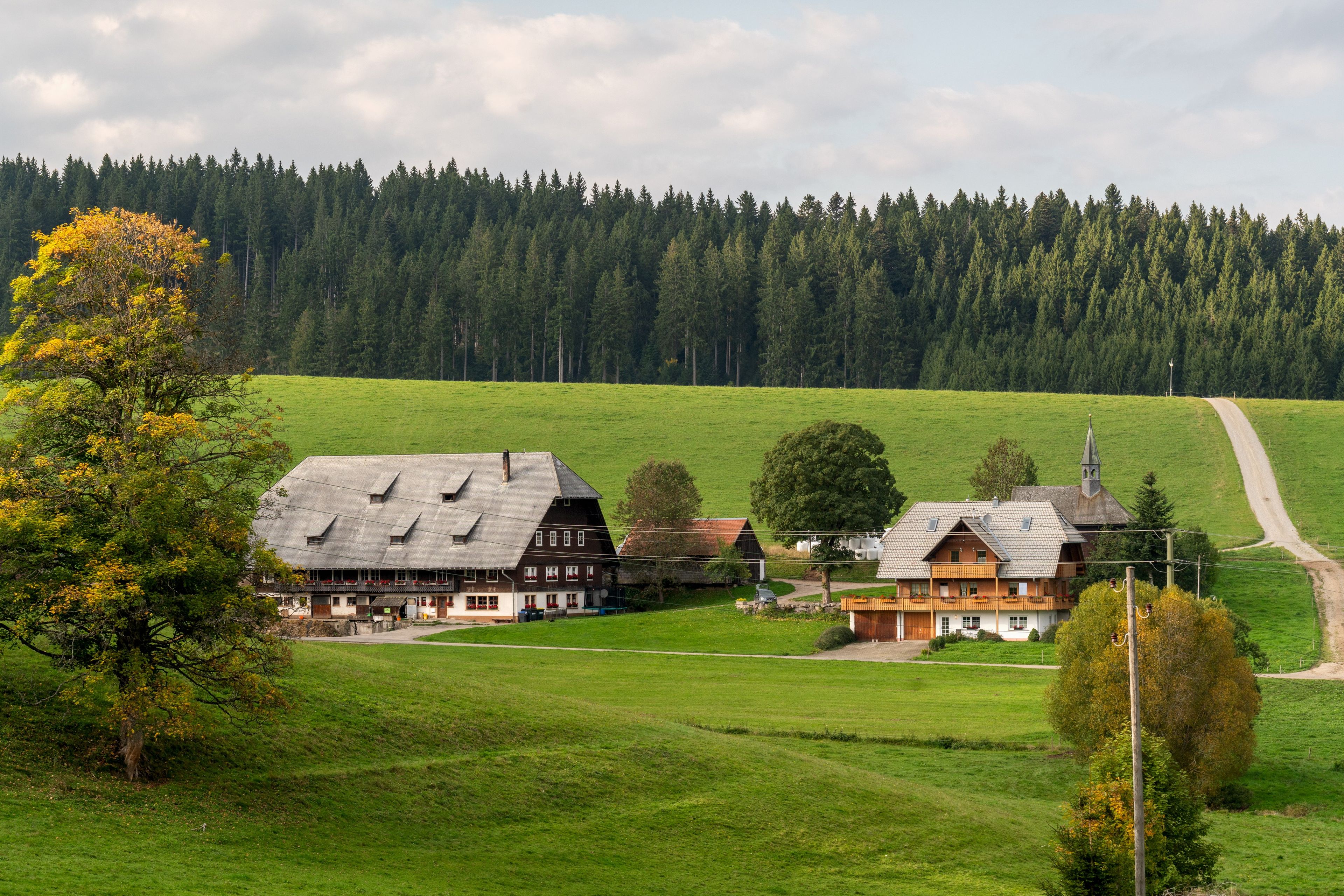 Un paysage rural avec des bâtiments traditionnels, un ciel dégagé et une colline boisée en arrière-plan.
