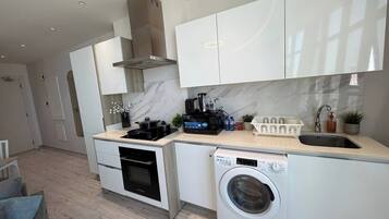 A modern kitchen with a built-in oven, microwave, and dishwasher, a compact washer, and a compact sink.