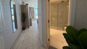 A hotel hallway with a glass shower door, a mirror, and a potted plant. - Lovely Sea View Studio in Downtown F285O (Seef)