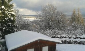 Eine Holzhütte mit einem mit Schnee bedeckten Dach, umgeben von schneebedeckten Bäumen und einem bewölkten Himmel.