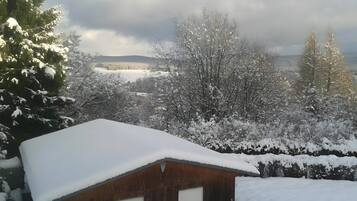Una cabana de fusta amb un teulat cobert de neu, envoltada d'arbres carregats de neu i un cel ennuvolat.