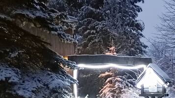 A snow-covered outdoor area with a metal structure, possibly a shelter, and snow-laden trees.