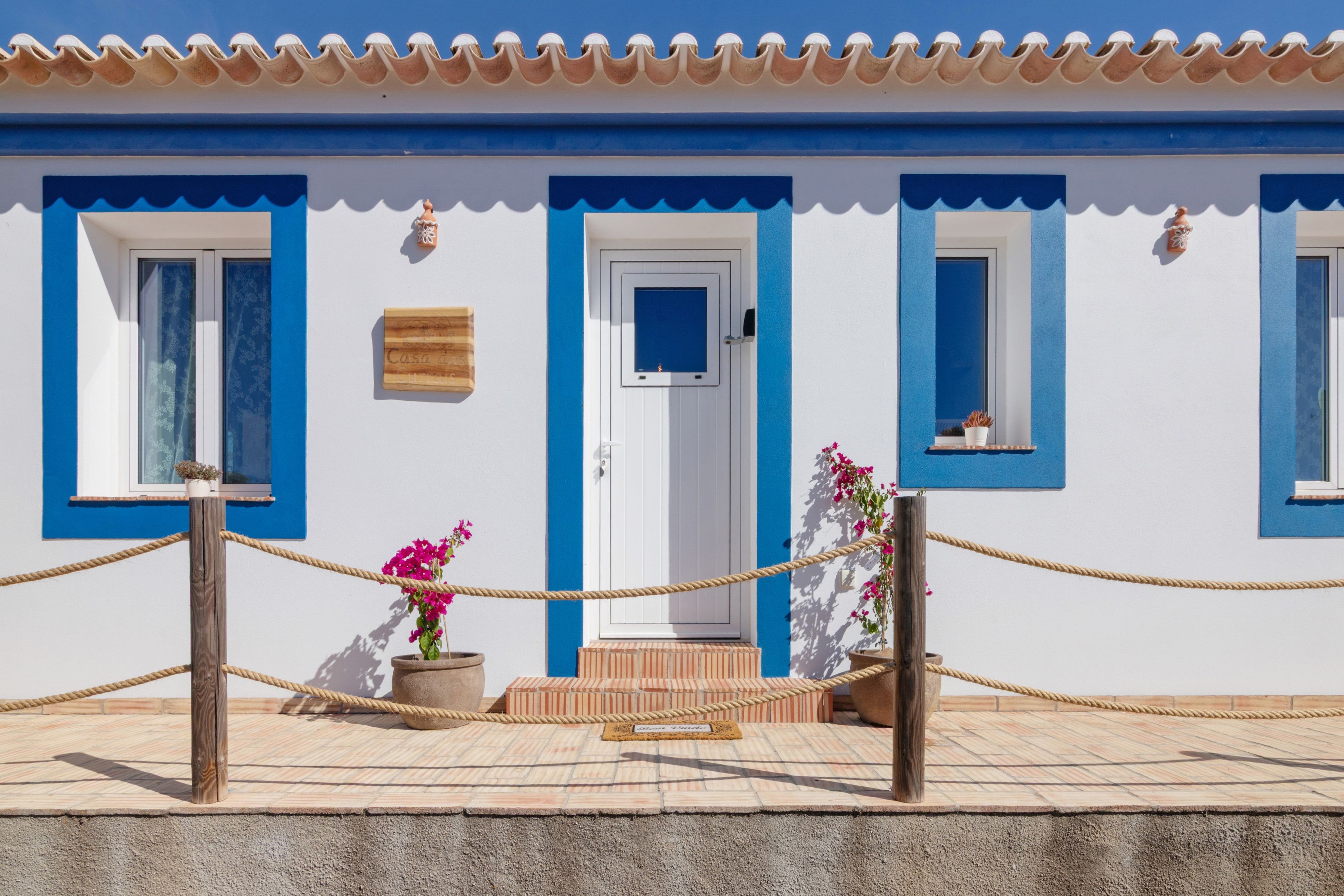 A building with a blue and white facade, a white door, and a small window with a potted plant.