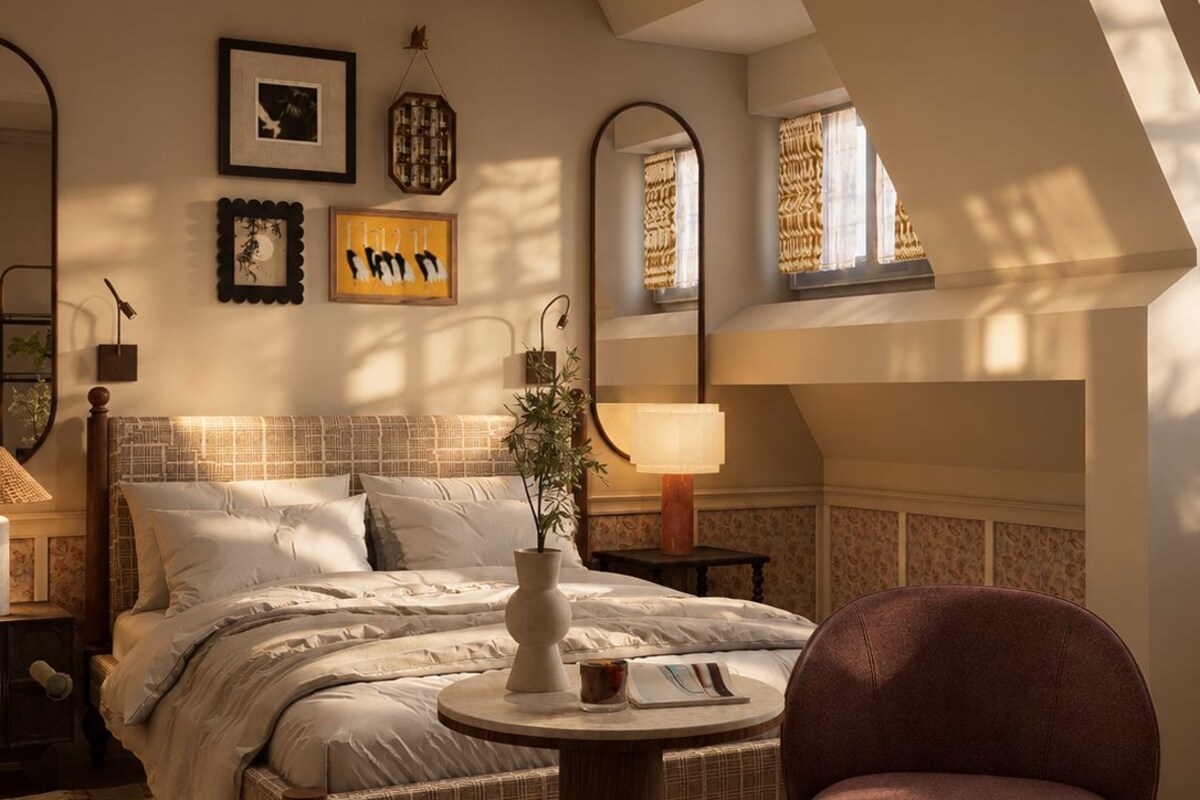 A bedroom with a large bed, a round table, a chair, and a chandelier.