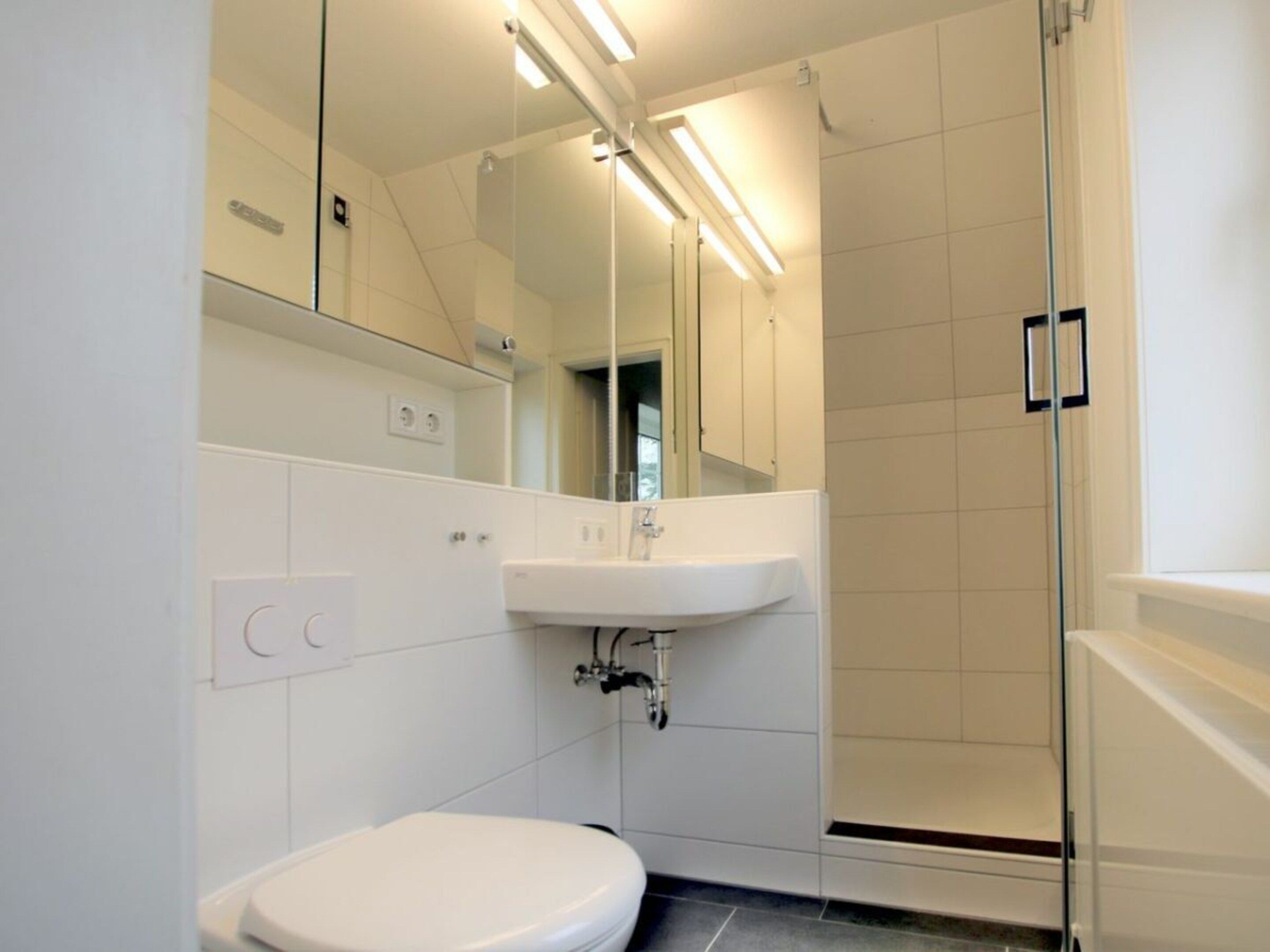 A modern bathroom with a toilet, sink, and glass shower enclosure.