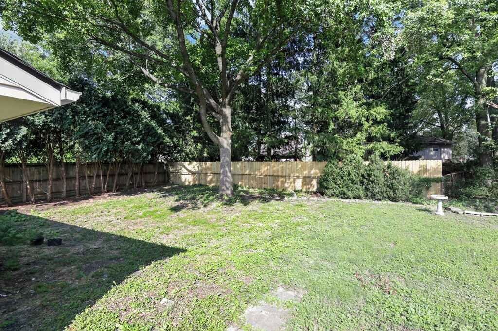 Un patio trasero con un árbol, una valla de madera y una pequeña zona ajardinada.