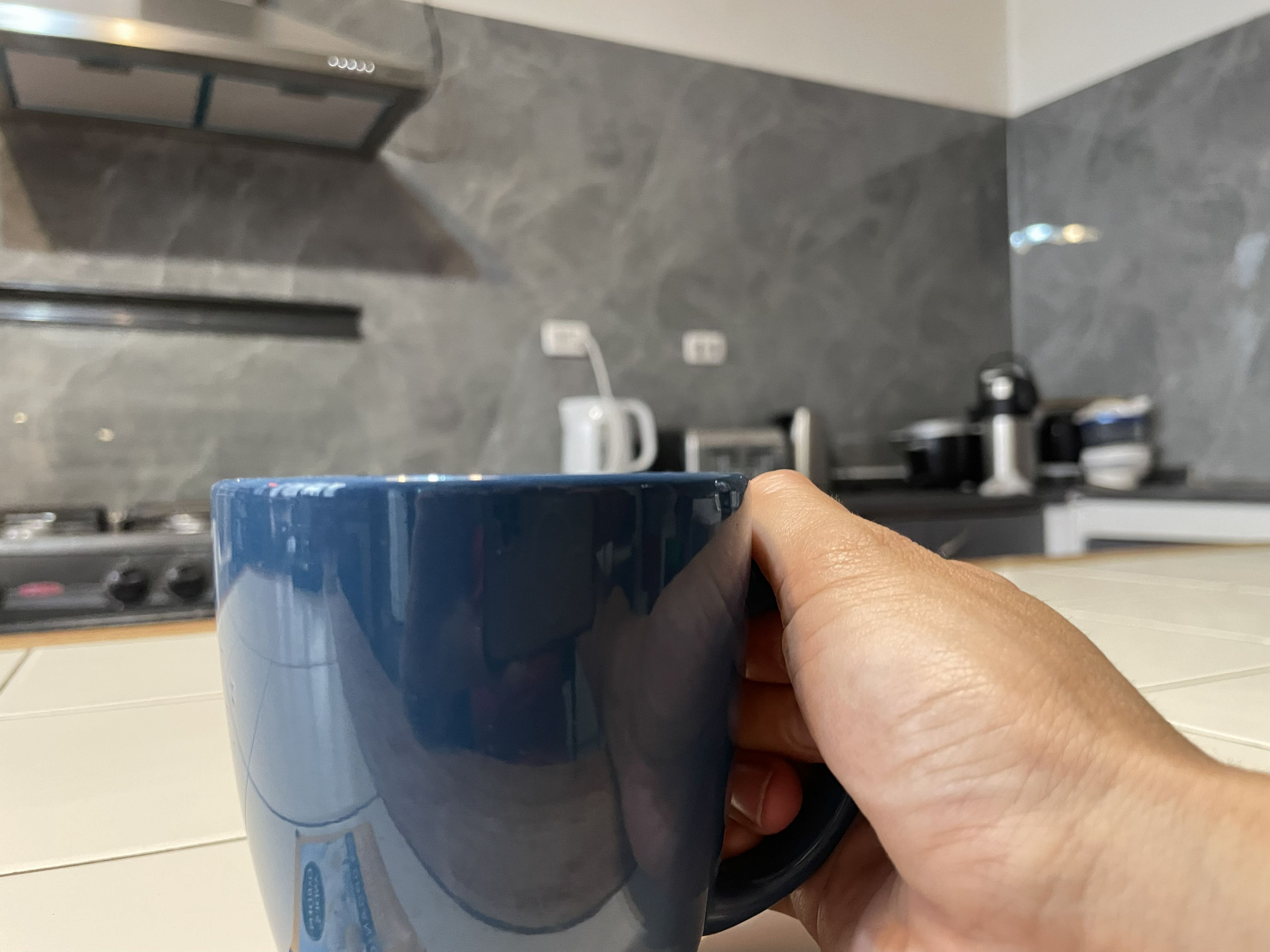 Una mano sosteniendo una taza azul.