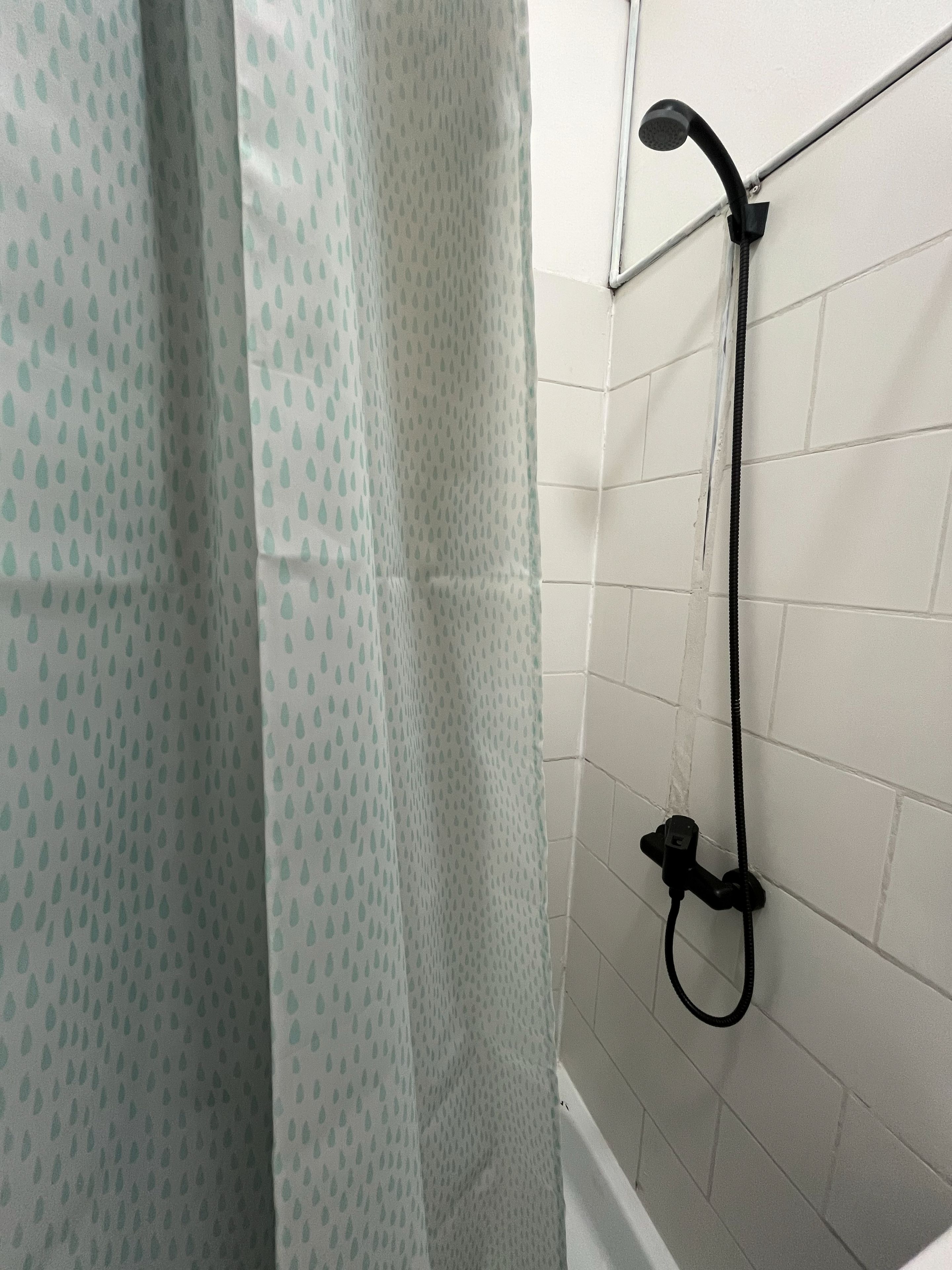 Zona de ducha con cabezal y manguera, pared con azulejos y cortina estampada con hojas.