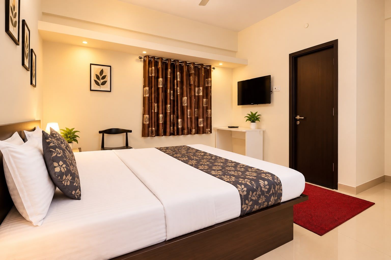 Una habitación de hotel con cama, escritorio, televisor y puerta.