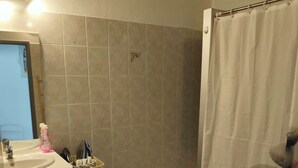 A bathroom with a sink, mirror, and shower curtain. - Vrbo Property (Château-Salins)