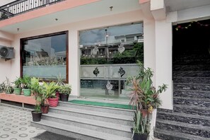 Entrada de un edificio con escalones que conducen a una puerta, plantas en macetas sobre los escalones, y una escalera a la derecha.