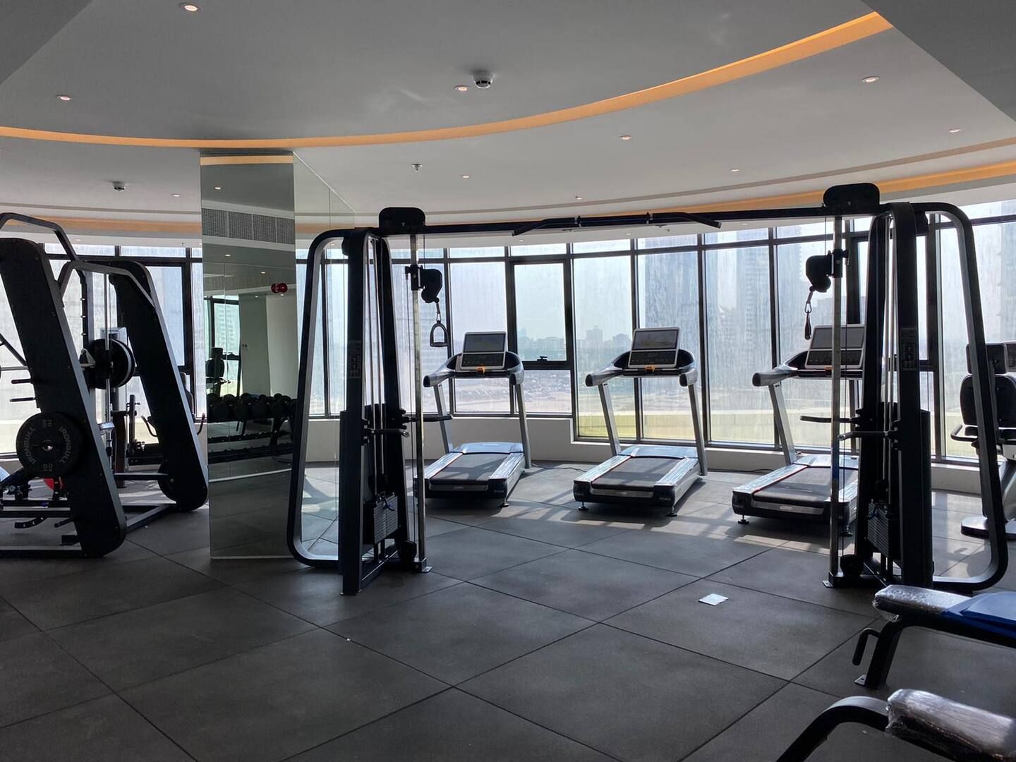 A modern gym with cardio machines, weight training equipment, and large windows offering a view of the city.