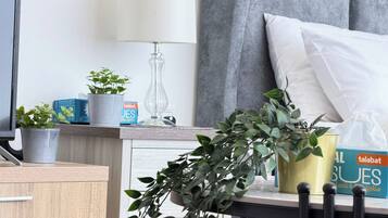 A neatly arranged bedroom with a grey upholstered headboard, a bedside table with a lamp, a potted plant, and a box of Talabat tissues.