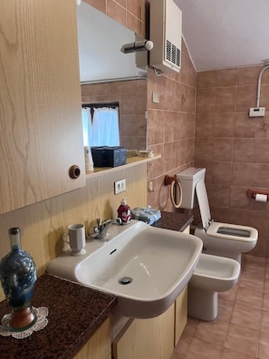 Ein Badezimmer mit Waschbecken, zwei Toiletten, einem Spiegel und einer Dusche.