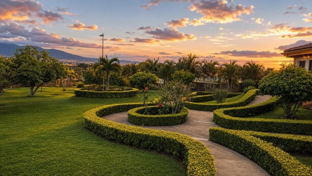 Un jardín ajardinado con un sendero serpenteante, setos cuidados y palmeras.