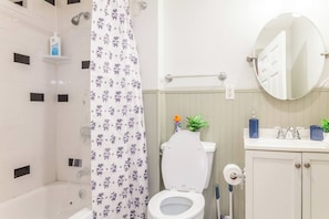 Un baño con ducha, inodoro, lavabo y espejo.