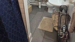 A bathroom with a shower, toilet, sink, and a towel rack. - Homey Private Penthouse (Buffalo)