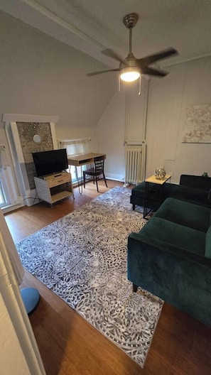 Una sala de estar con un ventilador de techo, un televisor sobre un soporte de madera, un tapete estampado y un sofá verde.
