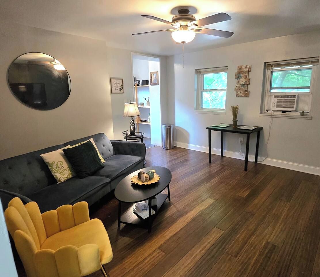 Un salon avec un canapé de couleur sombre, un fauteuil jaune, une table basse, un ventilateur de plafond et une fenêtre avec des stores.