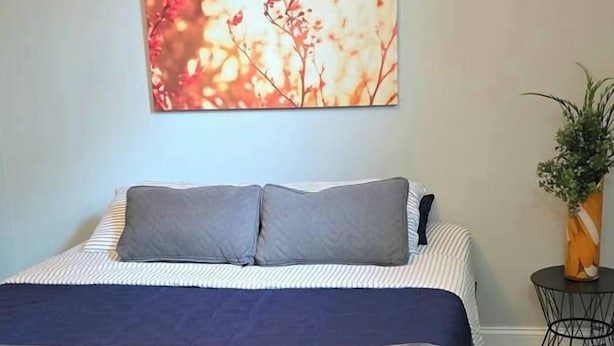 A bed with a striped bedspread and two pillows, a wall-mounted artwork, and a small round table with a plant. - Patio Perfection in Allentown (Buffalo)