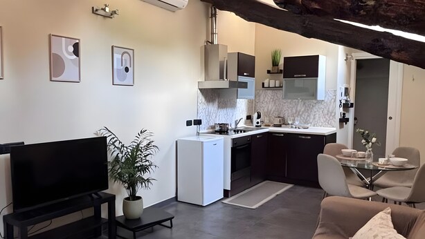 Een moderne woonkamer met een flatscreen televisie, een bank, een salontafel en een potplant.