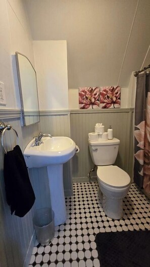 A bathroom with a white sink, toilet, and a mirror. There is a black towel hanging on the wall, and a trash can is visible. - Prime Economy Penthouse (Buffalo)