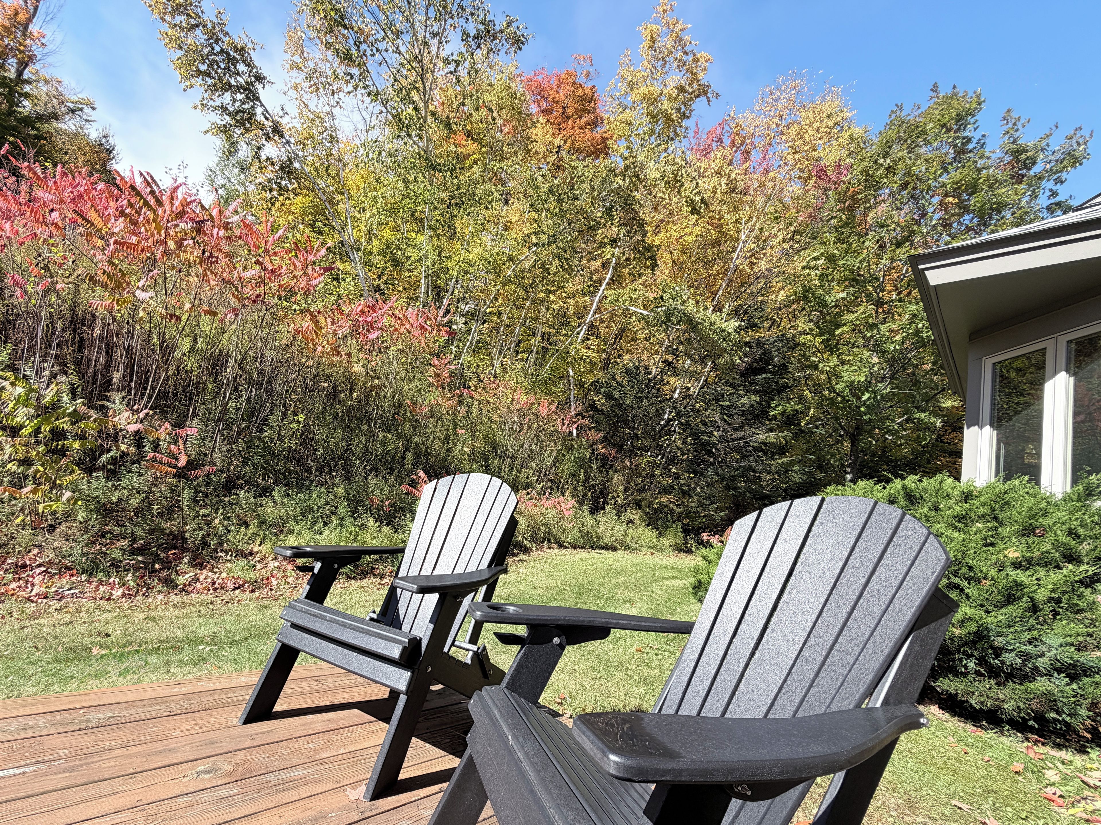 Two Adirondack chairs on a wooden deck with a view of a garden and trees.